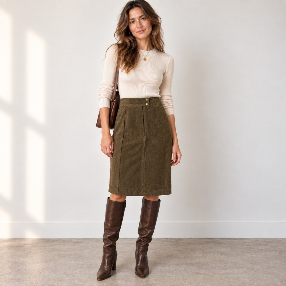 Vintage Carlisle Green Suede Pencil Skirt Size 6 Classic Preppy Old Money Career